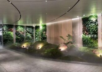 办公室垂直绿化，室内仿真迎客松苔藓景观造景