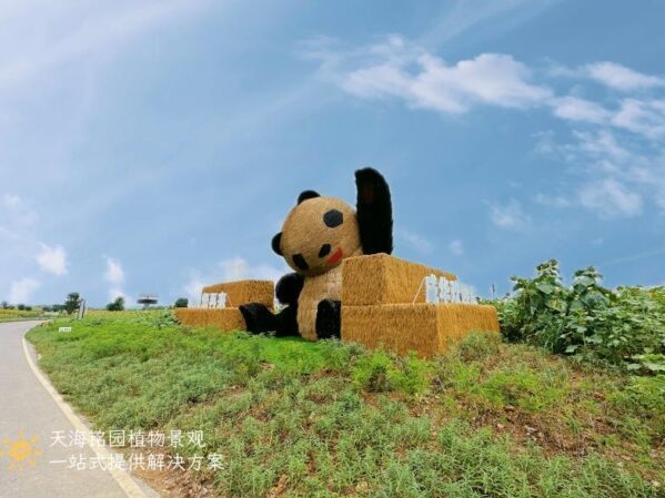 稻草熊猫雕塑，成华绿道稻草造型草雕